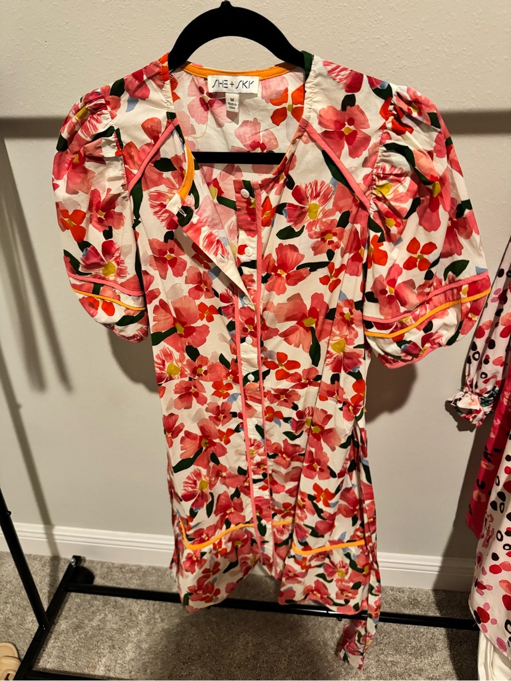She + Sky Pink Floral Button-Front Puff Sleeve Dress